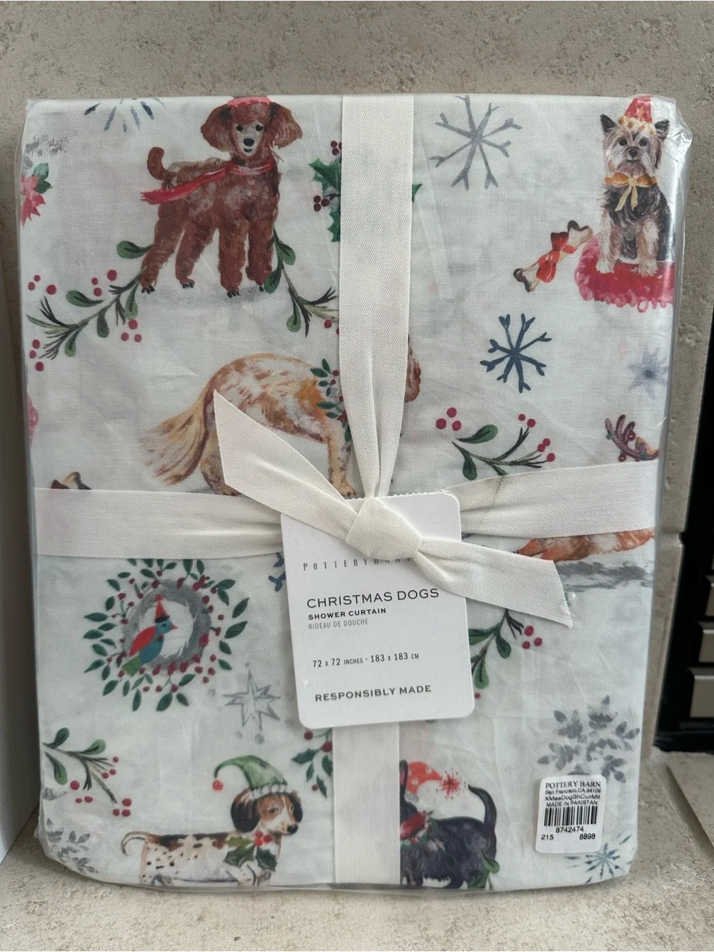 Pottery Barn Christmas Dogs Shower Curtain 72x72” Square Vintage Retro Vibe